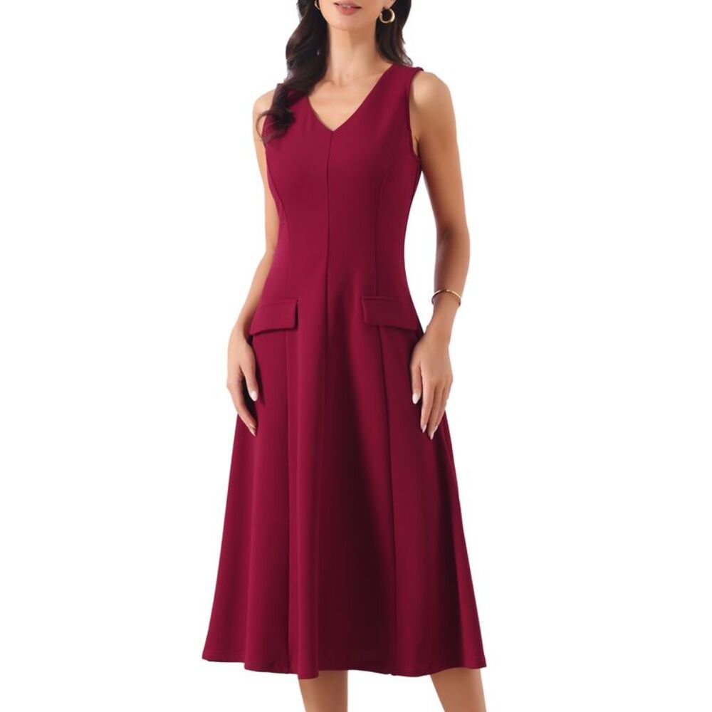 Women's Sleeveless Dress V Neck Office Work Midi A Line Dresses Deep Red